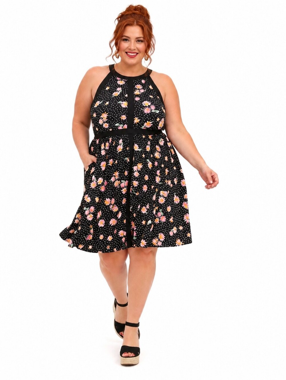 Torrid 3X Studio Knit Floral Polka Dot High Neck Skater Dress Pockets NWT